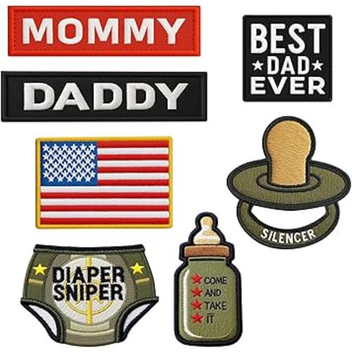 7 Pieces Embroidery Patches - Daddy and Mommy Funny Patches for Backpacks, Vest, Hats, Diaper Bags, Lunch Bags, Jackets end Cap Patch Mother's Day Father's Day Morale Patch with Hook and Loop on Back