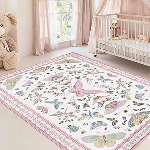 Luxury 5' x 7' Pink Washable Area Rugs, Low Pile Easy Clean Non-Slip Rug, Modern Floral Butterfly Insect Rug for Living Room, Dinning Room, Office, Bedroom, Bathroom, Laundry Room, Nursery, Farmhouse