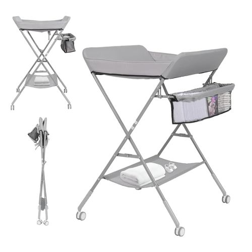 Portable Changing Table for Baby, GIGYES Foldable Baby Changing Station with Wheels & Adjustable Height, Large Storage Rack & Shelf, Ideal for Newborn and Infants