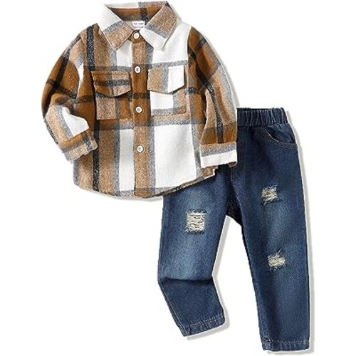 Renotemy Toddler Baby Boy Clothes Outfits Baby Boy Plaid Sweatsuit Jeans Denim Fall Winter Pants Set Toddler Clothes For Boys