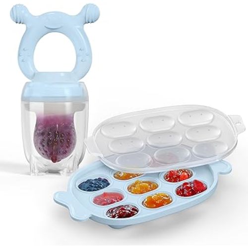 Silicone Baby Fruit Feeder with Freezer Nibble Tray Combo, Baby Teethers, Breastmilk Popsicle Molds for Teething Relief, BPA Free Fresh Food Feeder for Safe Infant Self Feeding (Sky Blue)
