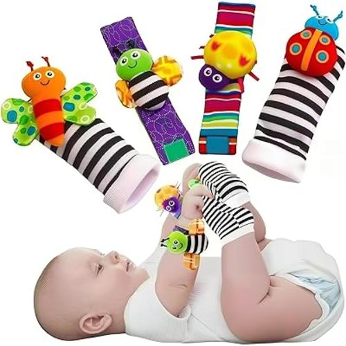 Baby Cartoon Animal Wrist Bell Rattle Socks New Toddler Wrist Strap Socks Set(Insects01)