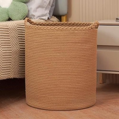 90L Oversize Woven Laundry Basket,Cotton Tall Laundry Hamper for Blankets,Clothes,Pillows,Toys,Shoes Large Laundry Bin Brown