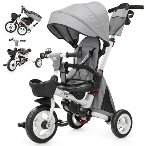 JMMD 8-in-1 Foldable Toddler Tricycle for Ages 1-5, Portable Trike Stroller | Kids Tricycle with Parent Push Handle, 360° Swivel Seat, Multi-Position Recline, Canopy & Storage, Baby Birthday Gift & Toy
