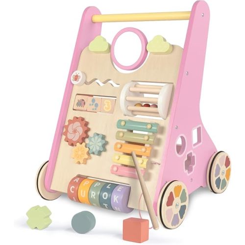 LOL-FUN Wooden Baby Walker for Girls with Wheels, Push Walker for Girl 6-12 Months, Pink Baby Push Toy for 1 Year Old Walking