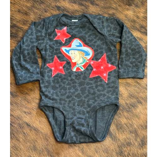 She’s a Star Black Leopard Long Sleeve Onesie, Size 6 mons.