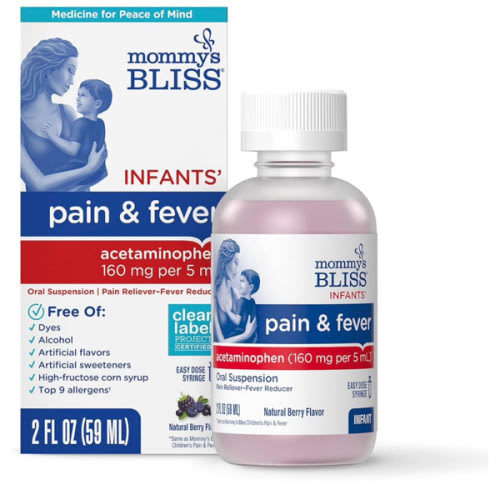 Mommy's Bliss Infants' Pain and Fever Reducer, Baby Acetaminophen, Dye-Free Medicine, Infant Fever Reducer, Delicious Mixed Berry Flavor, Ages 2+, 2 Fluid Ounces