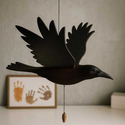 Handmade Wooden Raven Mobile: Flying Bird Decor with Moving Wings