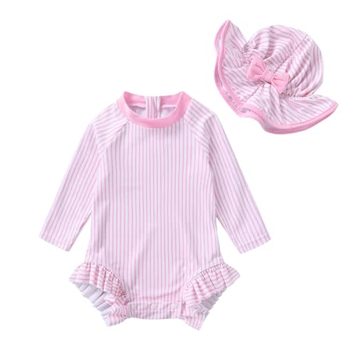 Infant Baby Girl Swimsuit One-Piece Long Sleeve Rash Guard with Hat Set Floral Zipper Bathing Suit Leopard Beach Wear