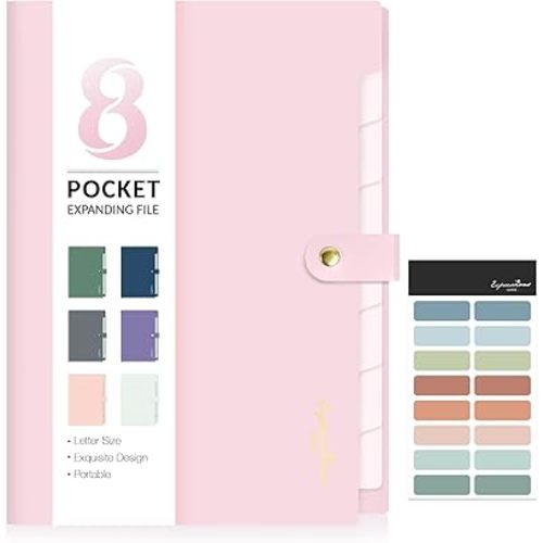 Sooez Elegant Accordion File Organizer with Labels, 8 Pocket Expanding File Folder, Portable Folders for Documents, Cute Paper Organizer for School Office Supplies, Letter Size, Blush
