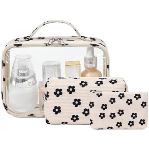 Bluboon 3Pcs Makeup Toiletry Bag for Women, Clear Packing Cubes Cosmetic Bag for Travel Women With Zipper Travel Essentials (Corduroy Floral 95)