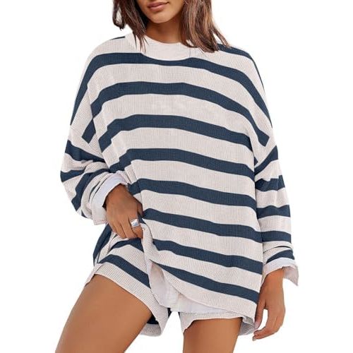 Panadila Womens Striped Sweater Set Oversized Lounge Sets Matching Pajamas Long Sleeve Sweater Top and Shorts