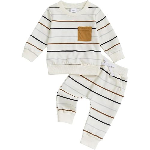 CIYCUIT Toddler Baby Boy Clothes Long Sleeve Striped Sweatshirt Pants Set Fall Winter Outfits White 0-6 Months