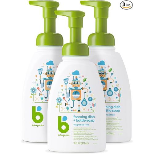Babyganics Foaming Dish & Bottle Soap, Pump Bottle, Fragrance Free, Plant-Derived Cleaning Power, Removes Dried Milk, 16 Fl Oz, (Pack of 3), Packaging May Vary - 16 Ounce (Pack of 3)