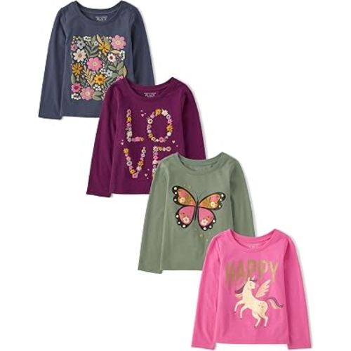 The Children's Place Baby Girls' and Toddler Unicorns,Butterflies,Trends Long Sleeve Graphic T-Shirts,4 Pack