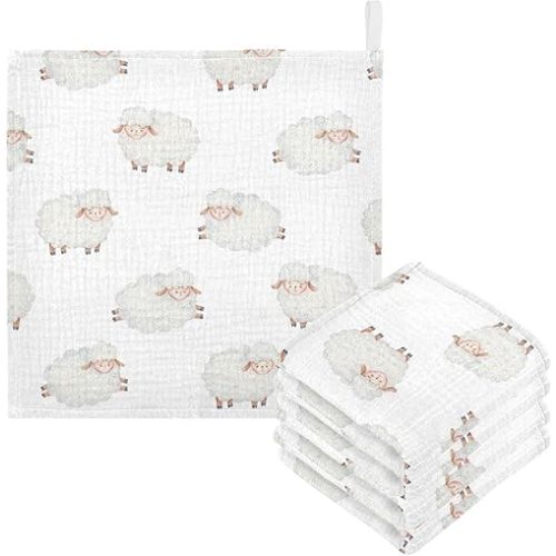 vvfelixl Baby Washcloths Cotton Cute Curly Lamb Muslin Count Sheep Soft Face Towel for Newborn Infants Wipes, 11.8 X 11.8 Inch, 5 Pack White