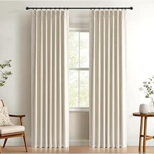 100% Blackout Shield Linen Look Textured Pinch Pleated Curtains Blackout Drapes 84 Inch Long 2 Panels Set, Faux Linen Blackout Curtains for Bedroom & Living Room, 40" W x 84" L, Cream