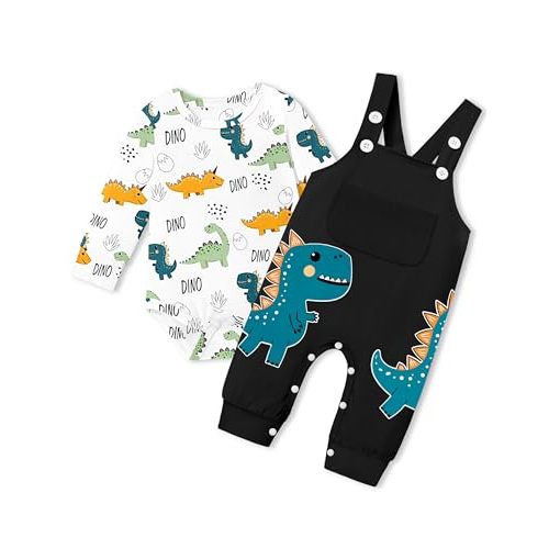 BAVADER Baby Boy Clothes Dinosaur Romper Adjustable Overalls Baby Boy's Clothing Infant Boy Clothes 2PCS Outfits Fall Winter