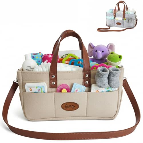 Felt Diaper Caddy Organizer, Portable Nursery Basket for Diapers, Caddy for Baby Stuff Storage, Baby Shower Must Haves Gift, Grey Felt for Changing For Car, Long Handles (Beige Desert)