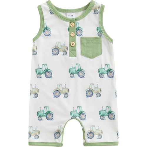 Newborn Baby Boy Clothes Summer Sleeveless Waffle Tank Romper Tractor Jumpsuit Button Pocket One Piece Outfit