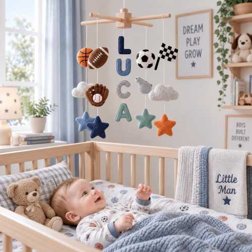 Sports Baby Mobile, Crochet Sports Crib Mobile, Personalized Boy Nursery Decor, Basketball Soccer Baseball Mobile, Baby Boy Shower Gift