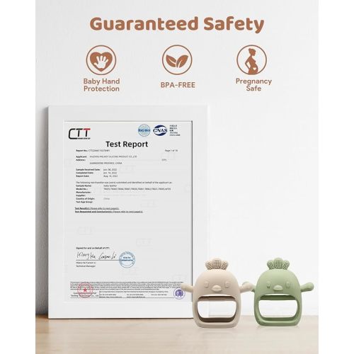 2 Packs Baby Teething Toy for 0-6 6-12 months, Food Grade Silicone Teething Mitten, Anti Dropping Wrist Hand Teethers Baby Chew Toys for Sucking Needs, BPA Free (Green & Caramel)