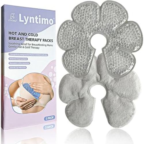 2 Pack Breast Therapy Packs, Lyntimo Hot and Cold Breastfeeding Essentials Ice Pack for Pain Relief, Dual-use Nipple Cooling Gel Pad Heat Warm Compress for Lactation Support, Postpartum Recovery, Gray