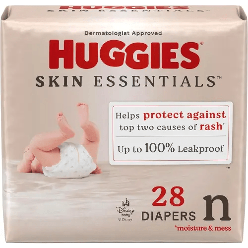 Huggies Size Newborn Diapers, Skin Essentials Baby Diapers, Size Newborn (6-9 lbs), 28 Count, Packaging May Vary