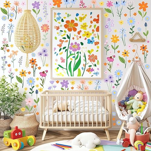 AOWDIAO Floral Wall Decals - 102 Pcs Peel and Stick Vinyl Flower Stickers - Assorted Varieties & Colors for Bedroom, Kids’ Rooms, Nursery, or Living Room Decor
