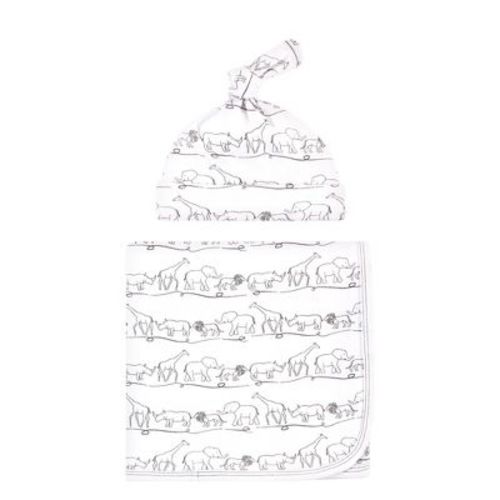 Touched by Nature Unisex Baby Organic Cotton Swaddle Blanket and Cap, Safari, 0-6 Months
