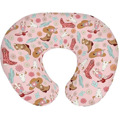 Boho Western Cowgirl Baby Nursing Pillow Covers for Girl Pink Cowgirls Boots Hat Cactus Floral Cow Skulls Nursery Slipcovers for Breastfeeding Pillows Wild West Soft Stretchy Cover for Newborn Infant