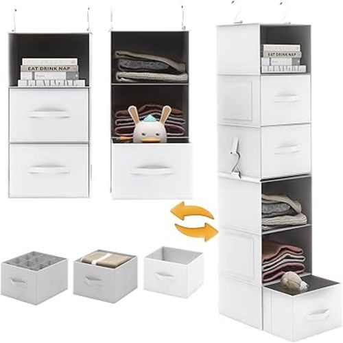 Twira 6-Shelf Hanging Closet Organizer, 2 Separable 3-Shelf Hanging Shelves, Hanging Storage with 3 Removable Drawers 4 Side Pockets, Storage Organizer for Closet, Nursery (White)