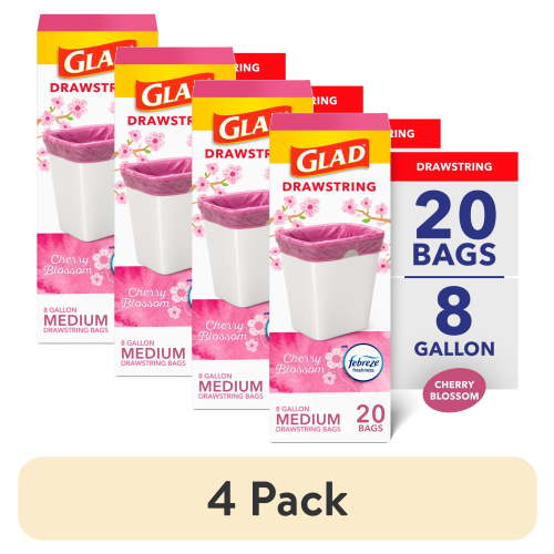 Glad OdorShield Medium Drawstring Trash Bags, 8 Gallon, Febreze Cherry Blossom, 20 Count