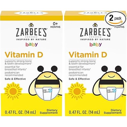 Zarbee's Vitamin D Drops for Infants,400IU (10mcg) Baby & Toddler Liquid Supplement,Newborn & Up,Dropper Syringe Included,0.47 Fl Oz,(Pack of 2)