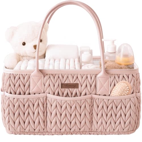 Konssy Baby Diaper Caddy Organizer, Braided Quilted Design with PU Handles | Water-Repellent, Portable Diaper Caddy Basket, Boho Nursery Organizer for Changing Table, Newborn Essentials (Blush)