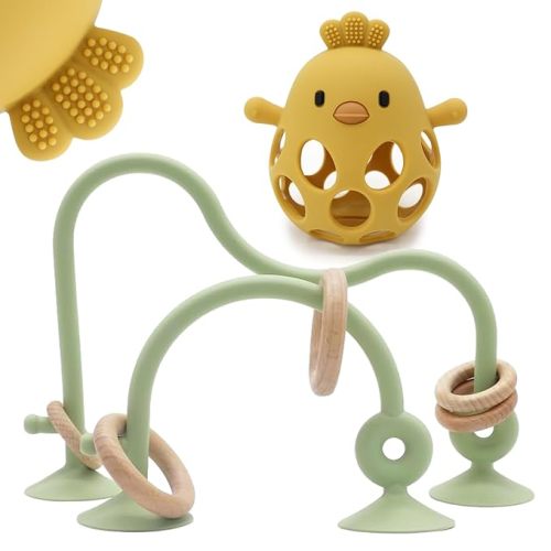 Baby High Chair Suction Cup Toys Teething,BPA-Free Silicone Teethers Chew | Baby Teething Table Toys, Sensory Toys for Infants, Food Grade Silicone and Wooden Rings for 6 12 18 Months(Green Yellow)