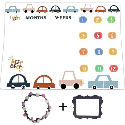 Baby Monthly Milestone Blanket Traffic Cars Baby Girl Boy Gifts Baby Shower Watch Me Grow Nursery Décor Personalized Design with Frame & Floral Wreath 48"x40" BTXYLU21