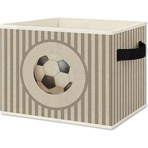 Football Boy Storage Bins Box with Handles, Sports Kids Decor for Boys, Neutral Striped Football Ball Collapsible Organizer Basket for Nursery Room Bedroom Playroom Toys Books