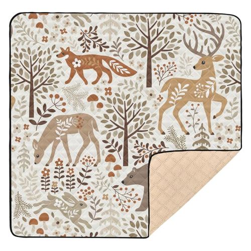 Baby Play Mat Woodland Fox Deer Trees Leaves 50 x 50 Playpen Mat Baby Play Mats for Floor Play Gym Crawling Mat Non-Slip Cushioned Baby Playmat for Infants, Babies, Toddlers