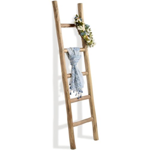 FUIN Fully Assembled 57in Wood Blanket Ladder Living Room Decorative Wall Leaning Farmhouse Quilt Display Holder Rustic Wooden Towel Rack for Bathroom, Brown