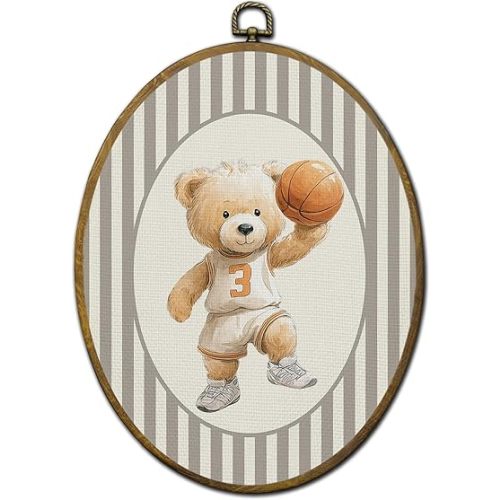 QZQE Basketball Bear Nursery Oval Wall Art Decor Framed, Sports Oval Canvas Prints, Basketball Player Bear Neutral Striped Animal Wall Hanging Decor for Kids Boy Toddler Room Playroom, 8.6x11.4 Inch