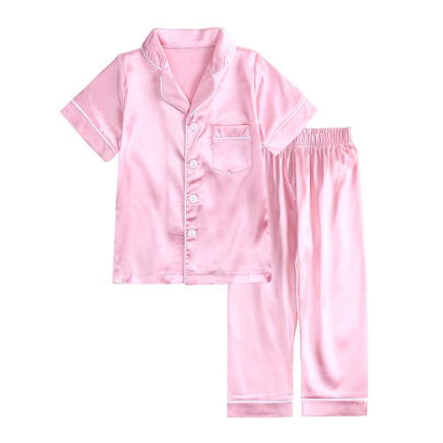 BLVB Kids Toddler Baby Girl Boy Satin Pajamas Set Short Sleeve Button down Pajama Shirt Top+ Long Pants Bottoms Sleepwear Outfits Loungewear Clothes