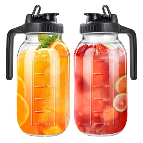 64oz Glass Pitcher with Lid, 2 Quart Mason Jar Pitchers with Lid and Spout, Wide Mouth Breast Milk Pitcher Glass Jug Sun Tea Pitchers, Cold Brew Coffee pitcher, Fridge Container for Water, Juice, Tea