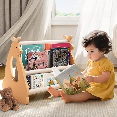 Double Sided Kids Bookshelf – 2 Tier Portable Toddler Bookshelf, Book Shelf for Kids Rooms & Playroom, Cute Kangaroo Design Wooden Montessori Baby Bookshelf,Toddler Book Display Shelves,Brown