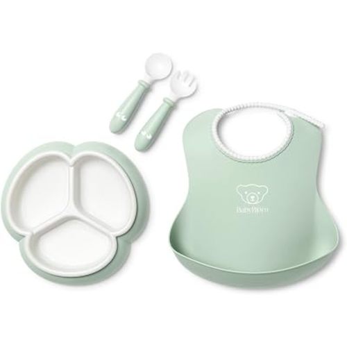 BabyBjörn Mealtime Set, 4 pc, Powder Green | Includes Baby Plate, Baby Fork, Baby Spoon, and Baby Cup | Dishwasher Safe | Toddler Feeding Set for self-Feeding or Baby-led weaning