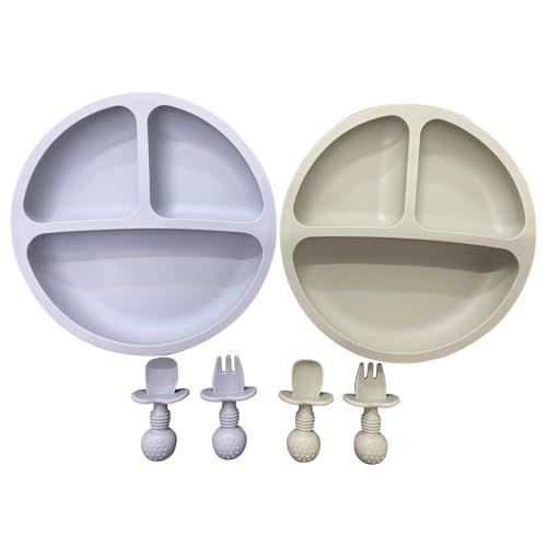 Eascrozn 2 Pack Baby Plates with Suction, 2 Pack Silicone Forks and Spoons Set, Baby Led Weaning Supplies, BPA Free, Toddler Utensils for Feeding Essentials