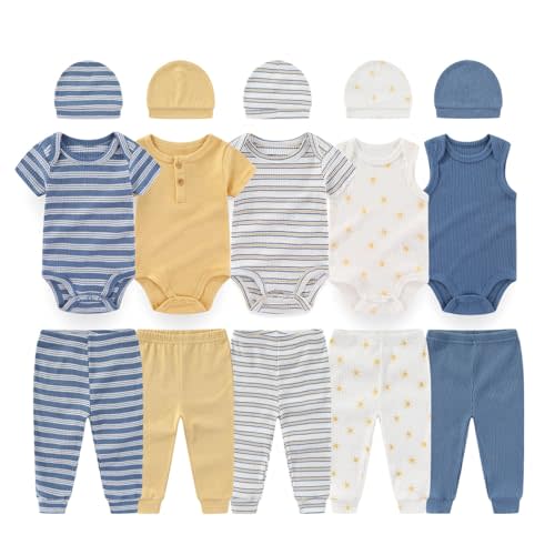 0-12 Months Unisex Baby Pants Sets New born Bodysuit and Hats 15 Pack Boy Girl Infant Comfort Outfit Clothes
