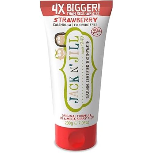 Jack N' Jill Mega Toothpaste 4x More - Natural Toddler Toothpaste for Baby, Kids & Infants 6 Months & Up, Fluoride Free Training Toothpaste for Toddlers 1-3, 40% Xylitol - Strawberry, 7.05 oz (1-Pack)