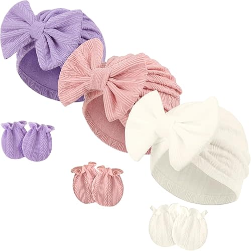 Newborn Baby Hats and Mittens Set Infant Bow Beanie Cap Toddler Gloves Newborn Hospital Hats for Baby Boy Girl 0-12 Months