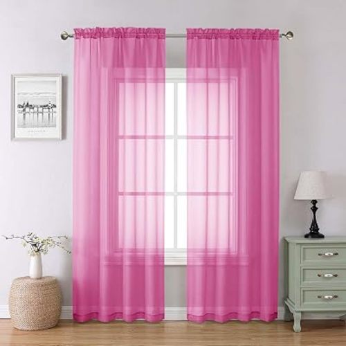 Hot Pink Sheer Curtains for Bedroom 84 Inches Long 2 Panels, Light Filtering Voile Rod Pockets Window Curtains for Living Room, Rustic Farmhouse Decor Drapes, Each Panel 42" W x 84" L